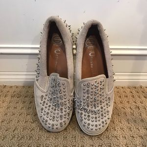 Jeffrey Campbell beige silver studded slip-ons